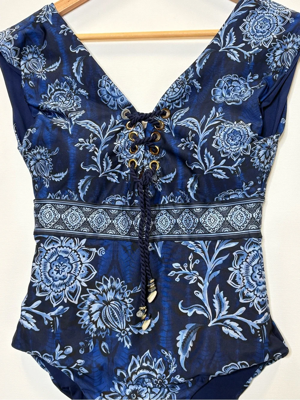 Cosita Linda Floral Paisley One Piece Swimsuit Womens Size Large 36 Blue Lace Up